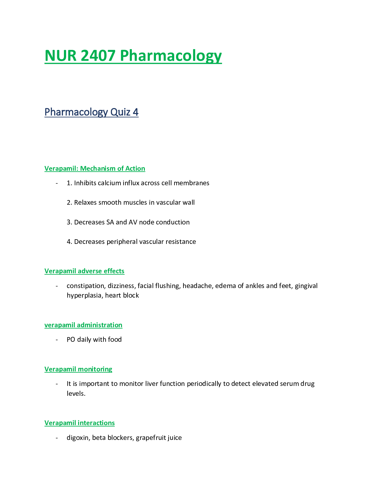 Preview of NUR2407 / NUR 2407: Pharmacology Quiz 4 Review   Rasmussen